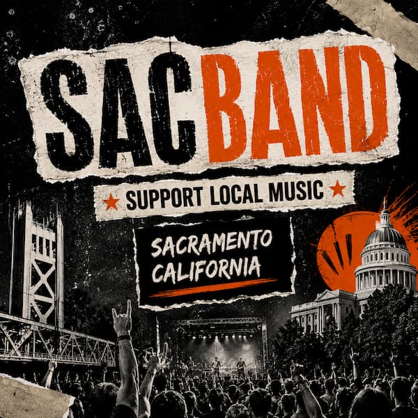 SacBand graphic featuring Sacramento landmarks, a live music crowd, and a local band performing with a support local music message.